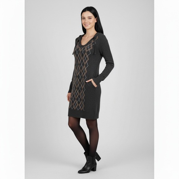Esprit Sweaters - Esprit Womens Sweater Dress Wool Blend Argyle Gray Tan Angora Rabbit Hair Hood S